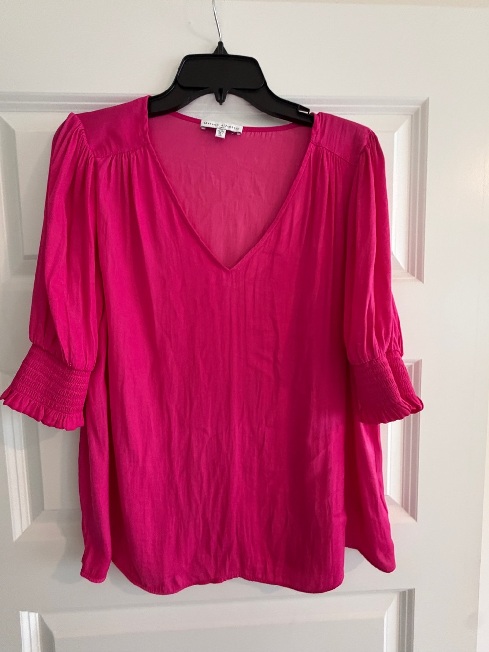 Fuchsia V-Neck Smocked Sleeve Top